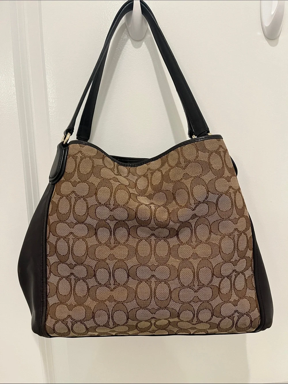 Coach Brown Signature Canvas Shoulder Bag with Brown Leather Trim